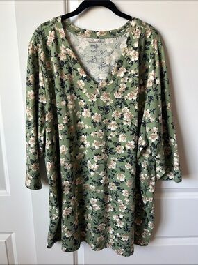NWOT Woman Within Olive Green Floral V-Neck Tunic 3X